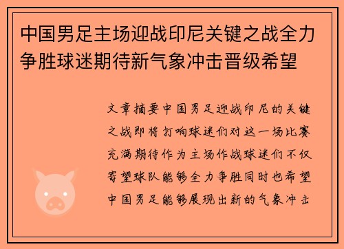 中国男足主场迎战印尼关键之战全力争胜球迷期待新气象冲击晋级希望